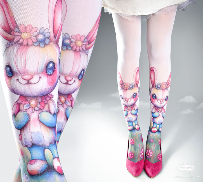 Unique tattoo tights featuring colorful bunny designs, paired with pink shoes on a soft background.