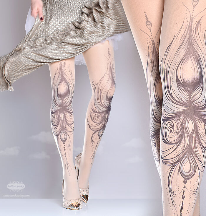 Unique tattoo tights with intricate floral designs, styled with a flowing dress and heels.