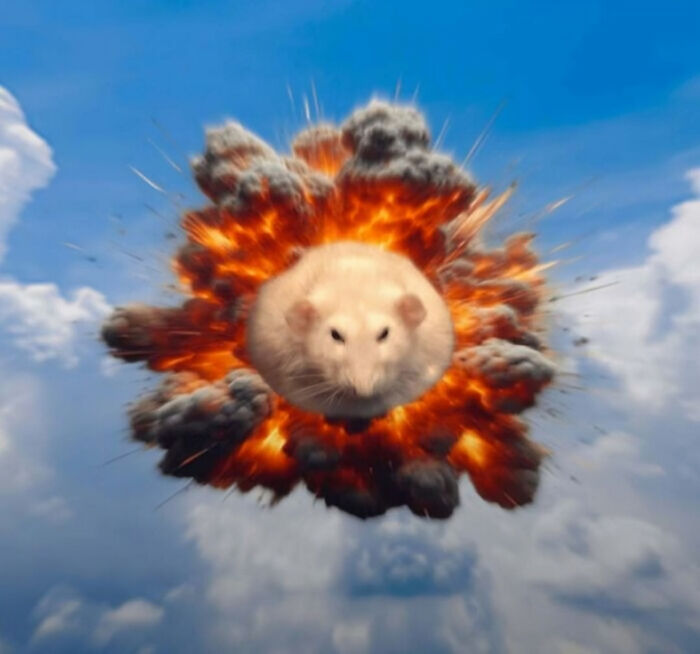A fluffy white rat amidst a fiery explosion, illustrating hard to mess with animals.