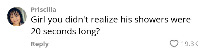 Comment questioning short showers with 19.3K likes on viral clip about a husband's shower routine.