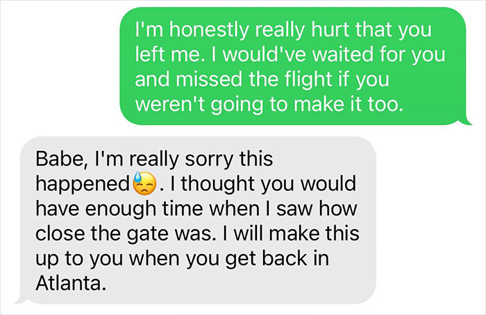 Text conversation about man abandoning girlfriend at airport. Text conversation about man abandoning girlfriend at airport.