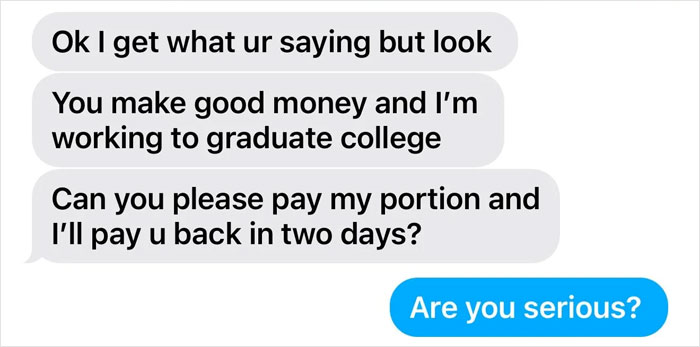 Text message exchange about paying for a friend's vacation portion last minute.