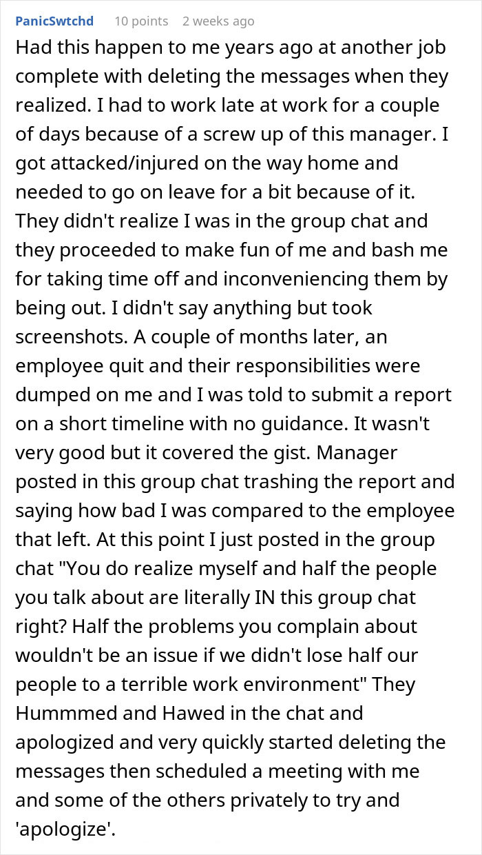 Text exchange describing uncomfortable situation with managers in a group chat, highlighting patronizing behavior.
