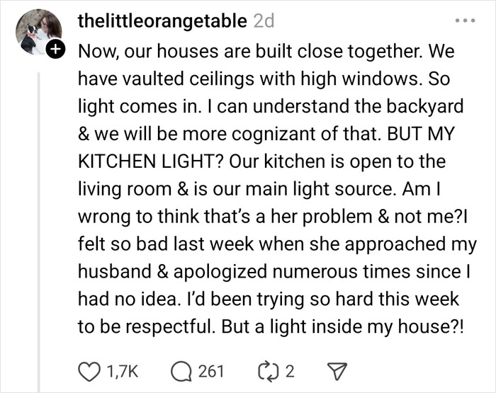 Post from thelittleorangetable discussing neighbor's complaints about light in kitchen.