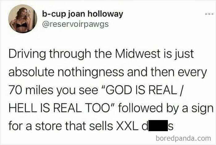 Funny image of a tweet describing Midwest driving experiences with unexpected signs and humorous contrasts.