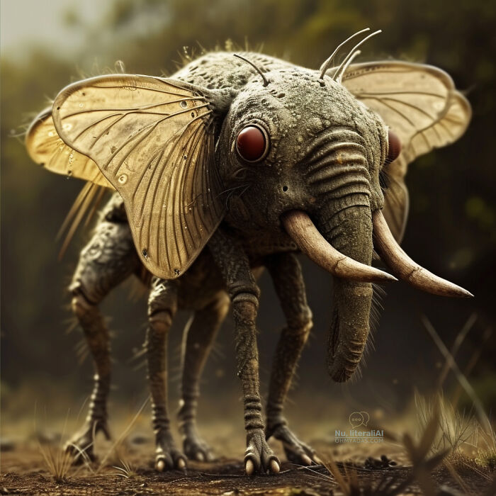 AI-generated hybrid creature with elephant features and insect body, exploring idioms creatively.