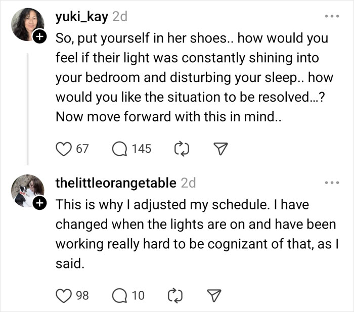 Social media comments about couple reacting to neighbor's light complaints.