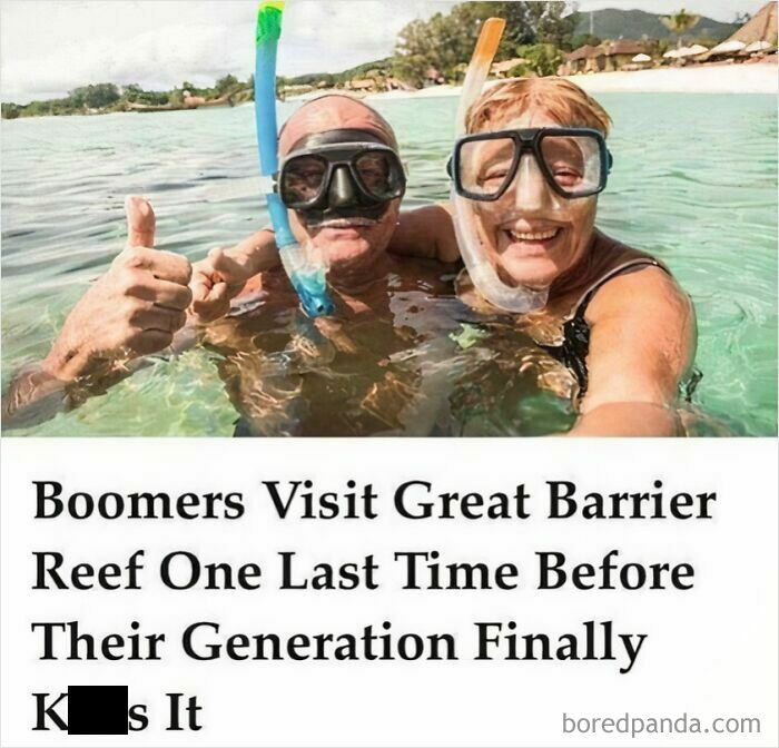 Elderly couple snorkeling with humorous caption about visiting the Great Barrier Reef.
