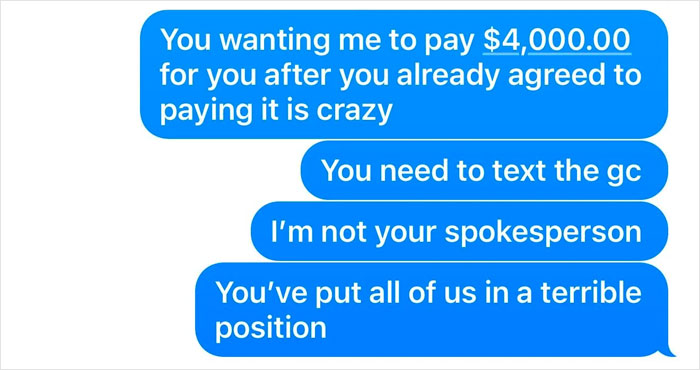 Text conversation about refusing to cover a friend's vacation cost last minute.