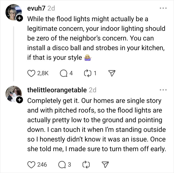 Social media comments discussing neighbor's complaints about indoor and flood lighting.