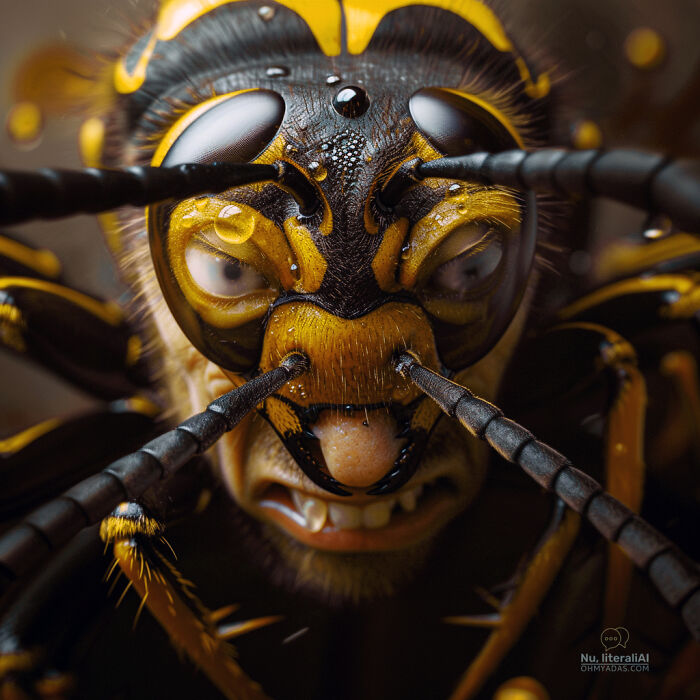 Close-up of an AI-generated insect with human-like features, inspired by funny Lithuanian idioms.