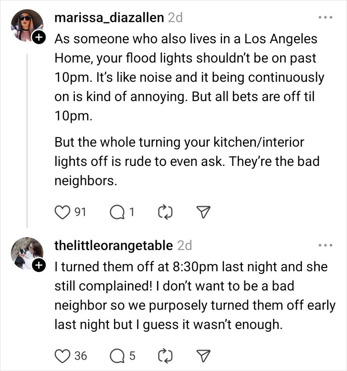Neighbors discuss complaints about lights in online comments.