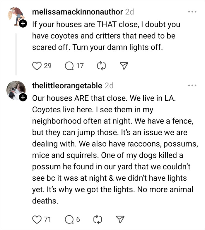 Neighbors discuss complaints about lights due to wildlife problems like coyotes and raccoons in their area.