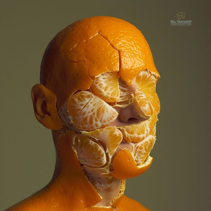 A person's head covered with mandarin peels, representing funny interpretations of native idioms.