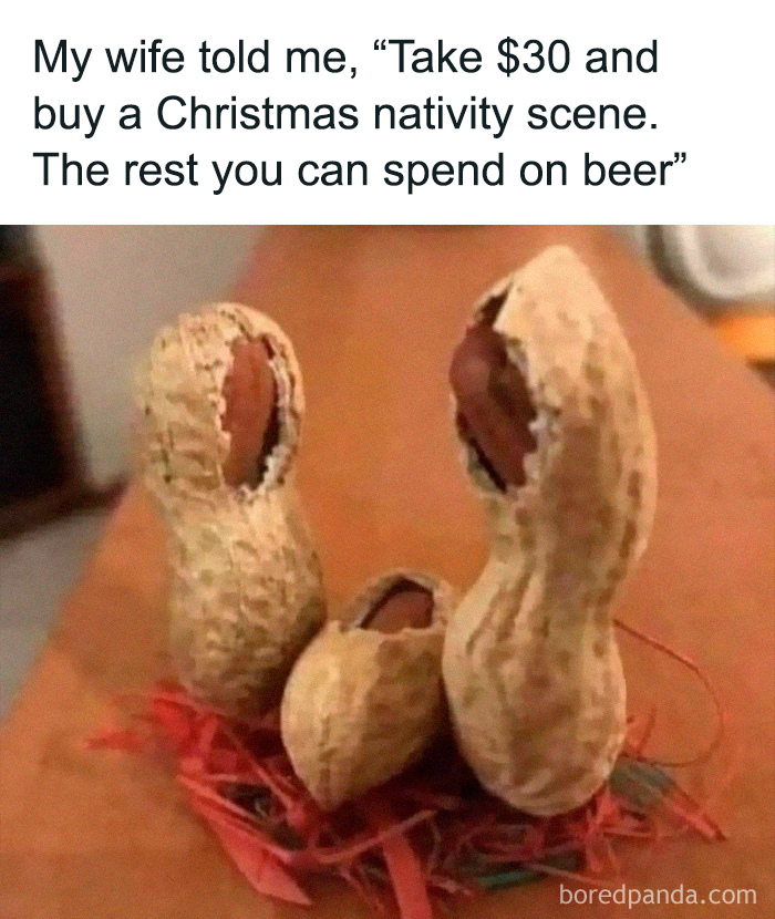 Peanut shells arranged like a nativity scene, showcasing dad's humor.