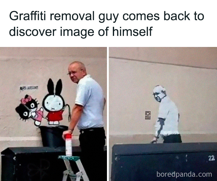 Graffiti removal worker humorously discovers his own image on a wall.