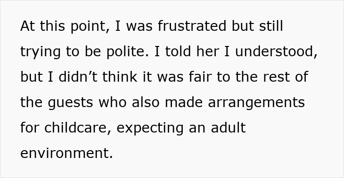 Text discussing frustration over a friend wanting to bring a kid to a child-free birthday dinner.