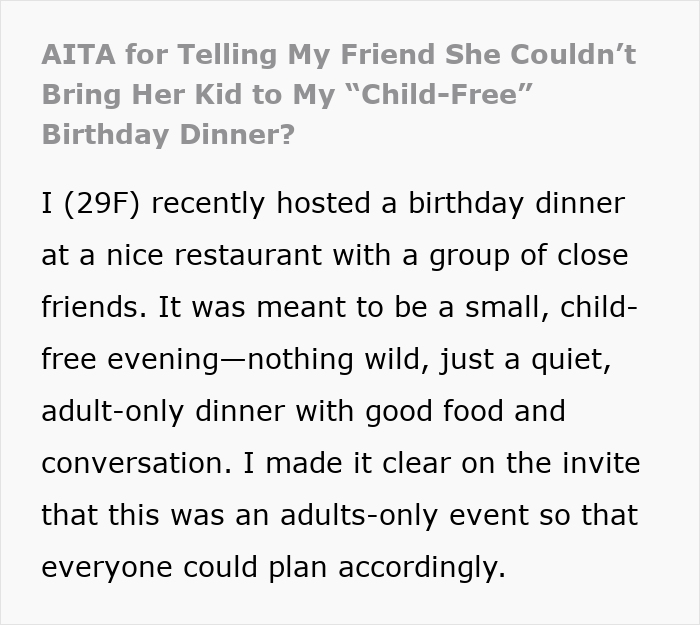 Text discussing a child-free birthday dinner invitation and maintaining an adults-only event focus.