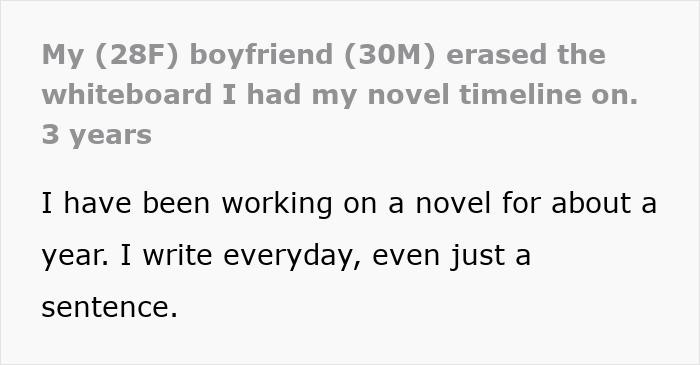 Text describing a woman's boyfriend erasing her novel planning from a whiteboard and her daily writing routine.