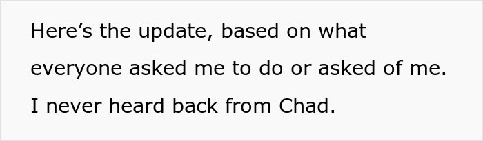 Text update about a man stealing roommate's rent money, mentioning no response from Chad. Text update about a man stealing roommate's rent money, mentioning no response from Chad.