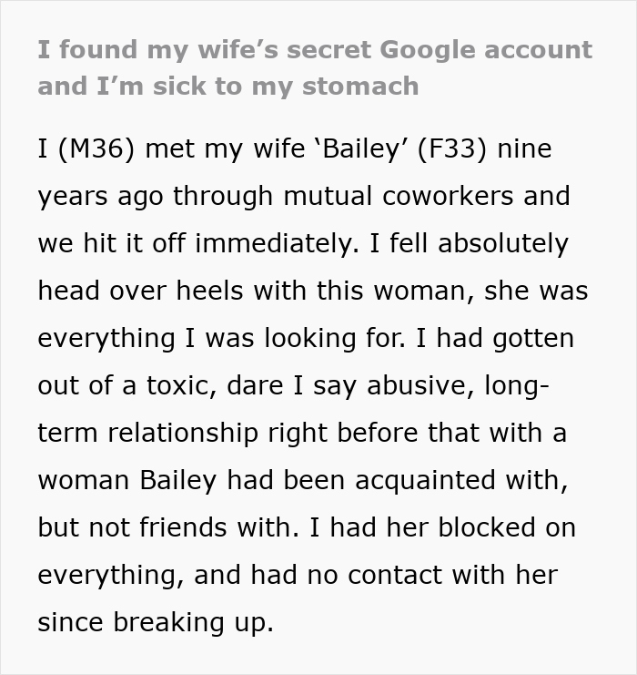 Text on a webpage discussing a husband's shocking discovery of his wife's secret activities related to imitating his ex.