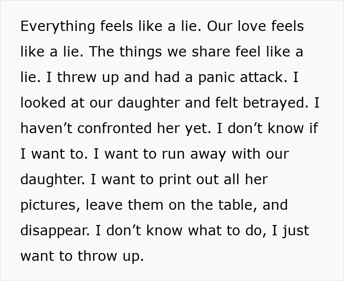 Text of emotional distress letter about deception in marriage, highlighting feelings of betrayal and panic.