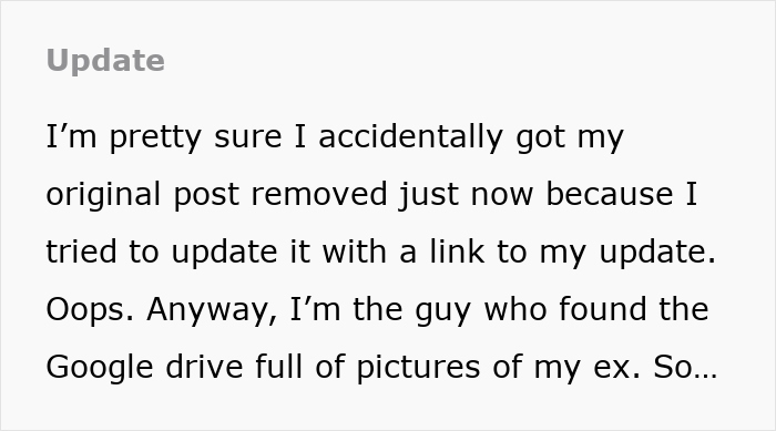 Text about a husband discovering his wife's secret photo collection of his ex.