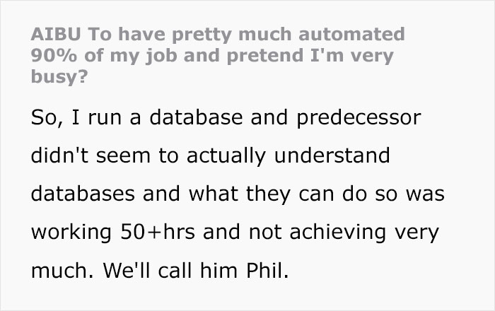 Text about a woman automating her job, making her workload minimal, featuring discussion on productivity and automation.