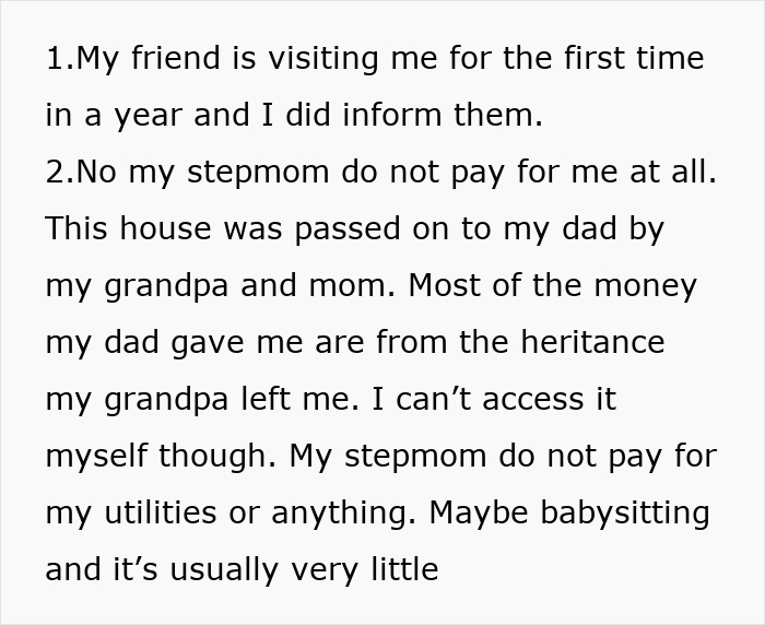 Text response discussing inheritance, financial independence, and babysitting responsibilities.