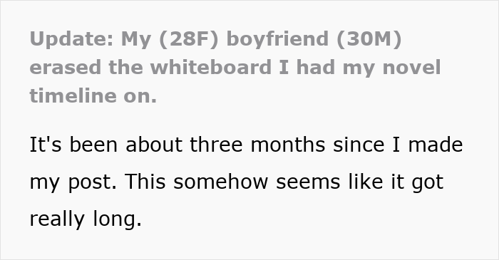 Text discussing woman&rsquo;s frustration after boyfriend erases novel planning from whiteboard.