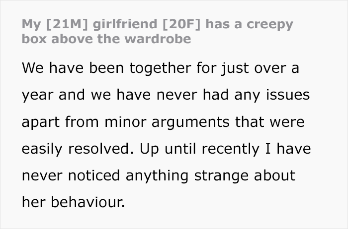 Text describing a guy's discovery of a creepy box in his girlfriend's wardrobe, affecting their relationship.