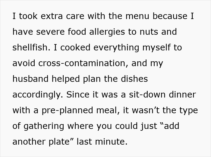 Text explaining careful meal preparation due to severe food allergies, emphasizing a pre-planned sit-down dinner.