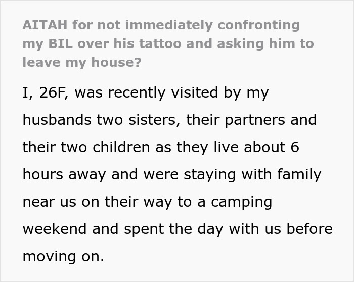 Text discussing a family visit, questioning not confronting a brother-in-law's offensive tattoo. Text discussing a family visit, questioning not confronting a brother-in-law's offensive tattoo.
