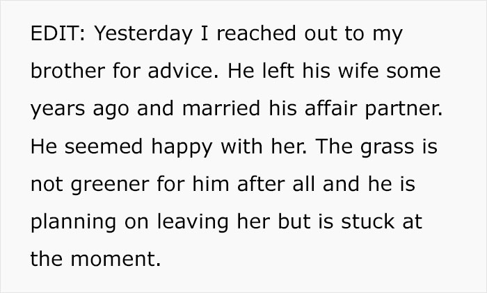 Text discussing advice from a brother who left his wife for an affair, reflecting on marriage challenges and being stuck. Text discussing advice from a brother who left his wife for an affair, reflecting on marriage challenges and being stuck.