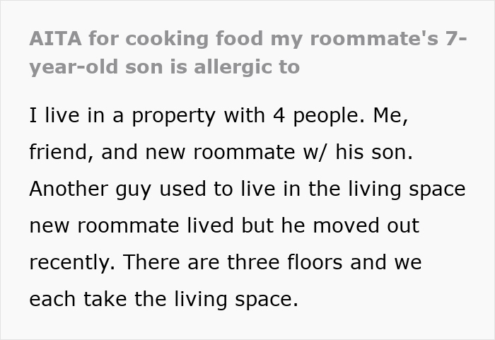 Text discussing roommate's frustration after being blamed for allergic 7-year-old snatching food.