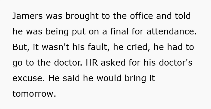 Text excerpt about a worker's attendance issue and HR request for a doctor's note. Text excerpt about a worker's attendance issue and HR request for a doctor's note.
