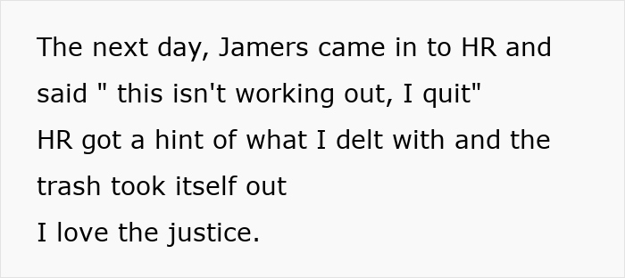 Text about a worker pushing HR, mentioning quitting and justice served. Text about a worker pushing HR, mentioning quitting and justice served.