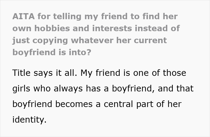 Text about a woman who copies every hobby her boyfriends have.