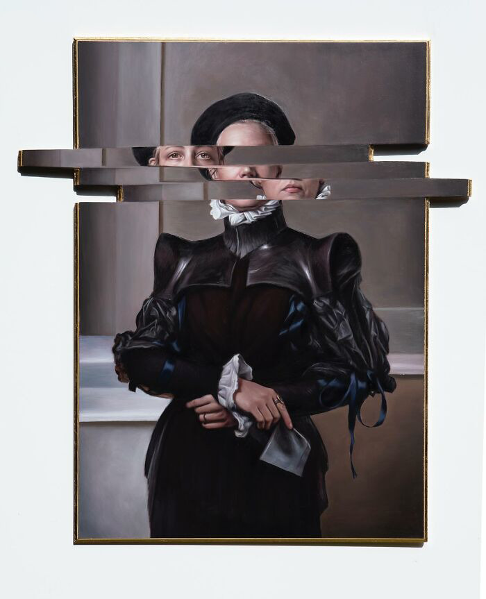 Classical portrait with a distorted twist, showing fragmented facial and body features in an artistic style.