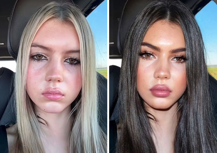 Digital makeover with blonde hair transformed to dark hair, illustrating content creator's artistry in personal transformations.