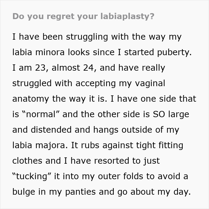 Text discussing personal labiaplasty experience and struggles with vaginal appearance. Text discussing personal labiaplasty experience and struggles with vaginal appearance.