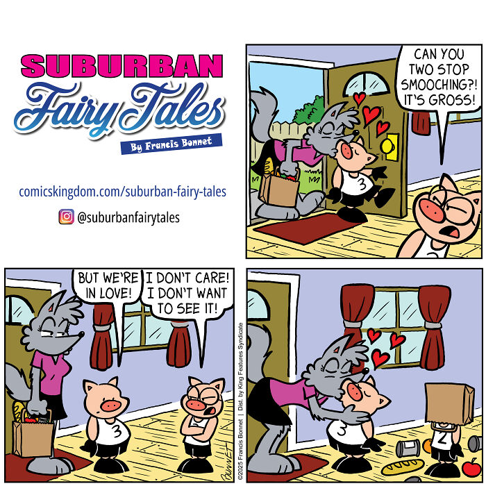 Comic panels depicting relationship disasters involving pigs and a wolf, showcasing humor from a pig's perspective.