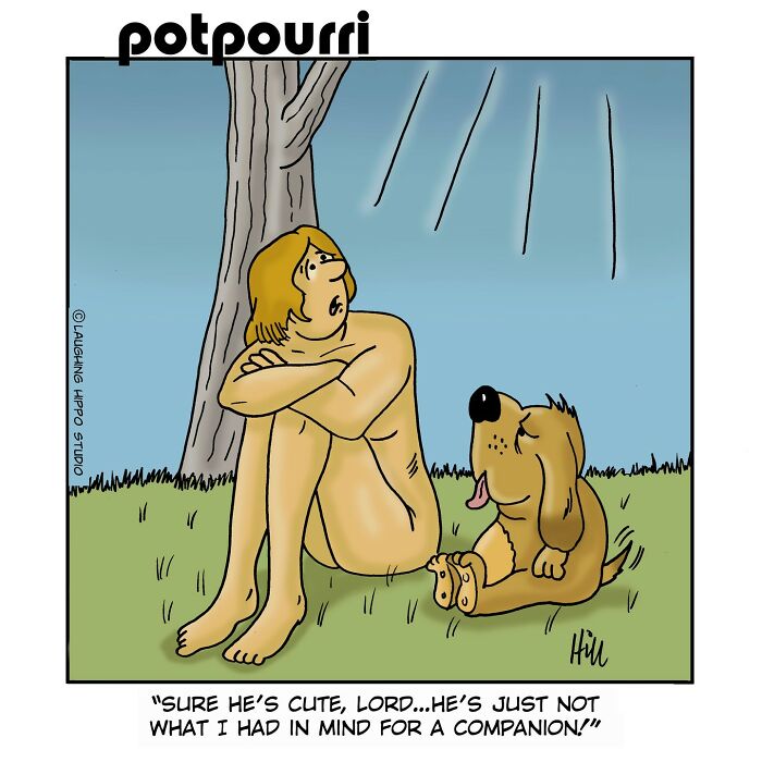 A cartoon man and dog sit together in a humorous scene, reflecting on companionship.