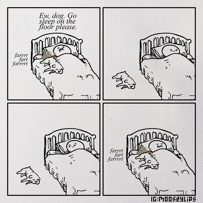 Comic by Mooseylips featuring a person asking a farting dog to sleep on the floor.