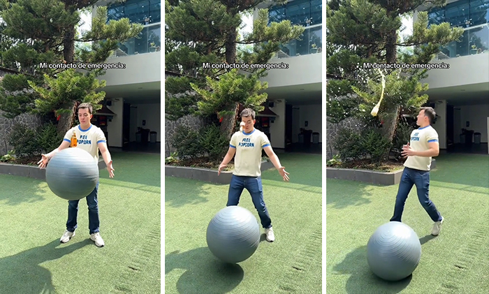 Man juggling and dropping an exercise ball in a garden, humorously reflecting a crisis instead of handling emergencies.