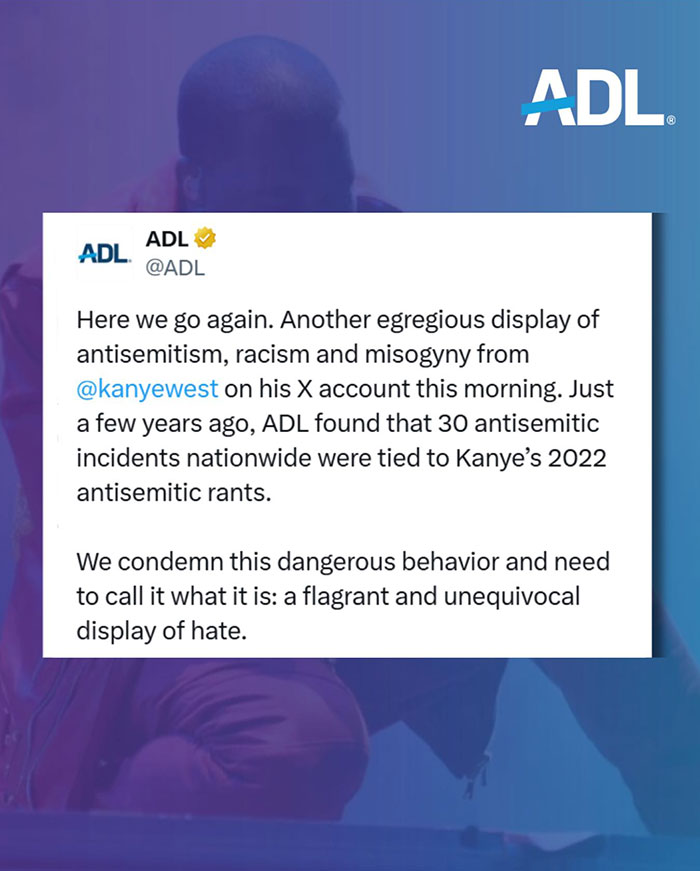 ADL tweet condemning antisemitism, referencing Kanye's behavior.
