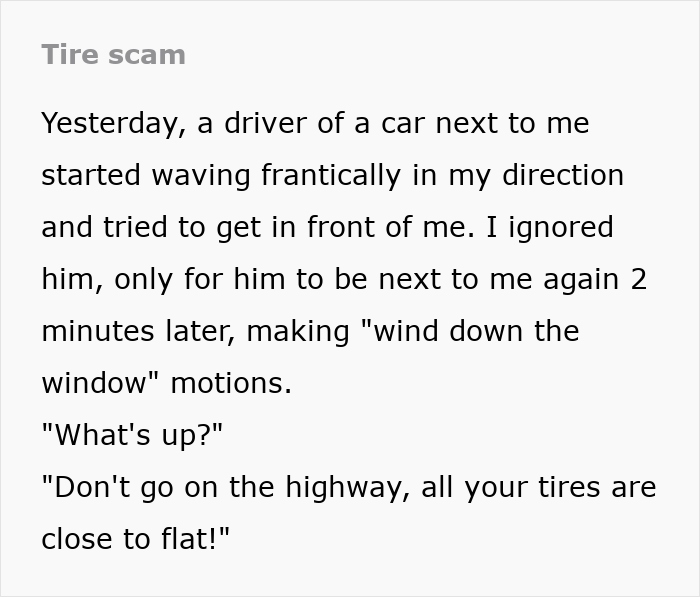 Text warning about a potential tire scam, involving a driver alerting others about flat tires.