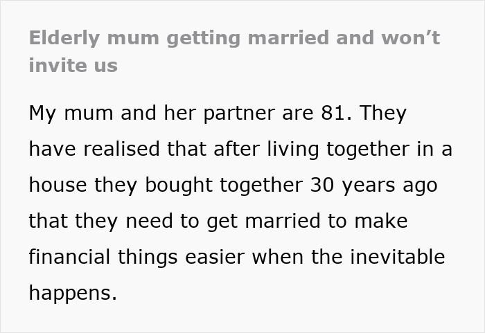 Text excerpt discussing a woman upset about her mom's wedding invitation exclusions due to cost concerns.