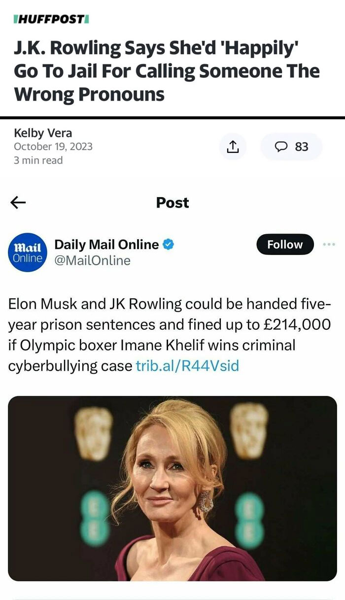 Aged Like Wine: Article headline on J.K. Rowling and Twitter post from Daily Mail about potential legal issues.
