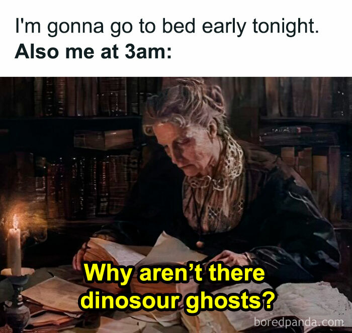 Classical art meme of a woman reading late at night, pondering dinosaur ghosts.